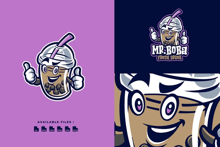 Mr. Boba Drink Cartoon Mascot Character Logo