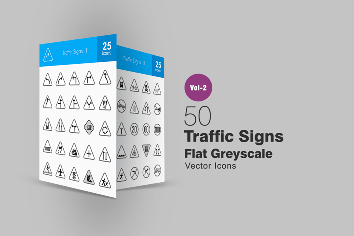 50 Traffic Signs Greyscale Icons