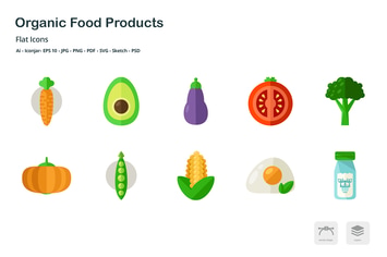 Organic Food Products Flat Colored Icons