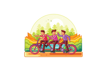 Teamwork Riding Tandem Bicycle Line Illustration