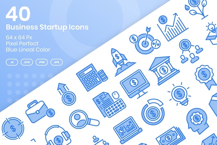 40 Business Startup Icons Set - Blue Lineal Color