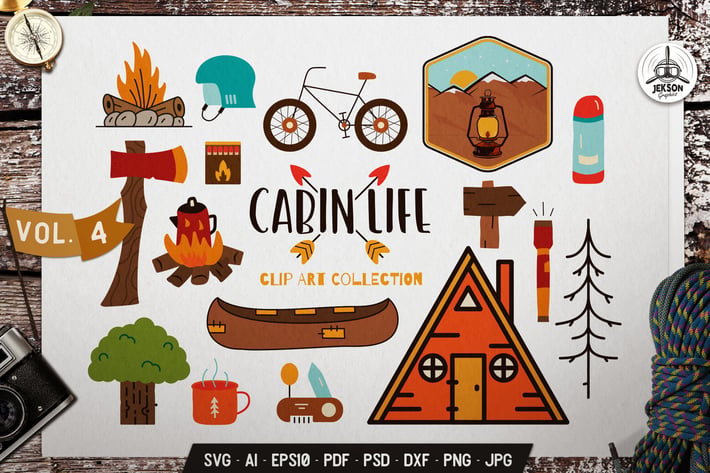Cabin Life Clip Art Collection. Hiking Icons Set