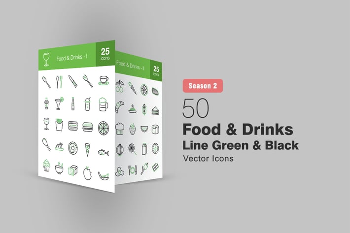 50 Food & Drinks Line Green & Black Icons