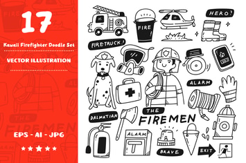 Kawaii firefighters Doodle Set