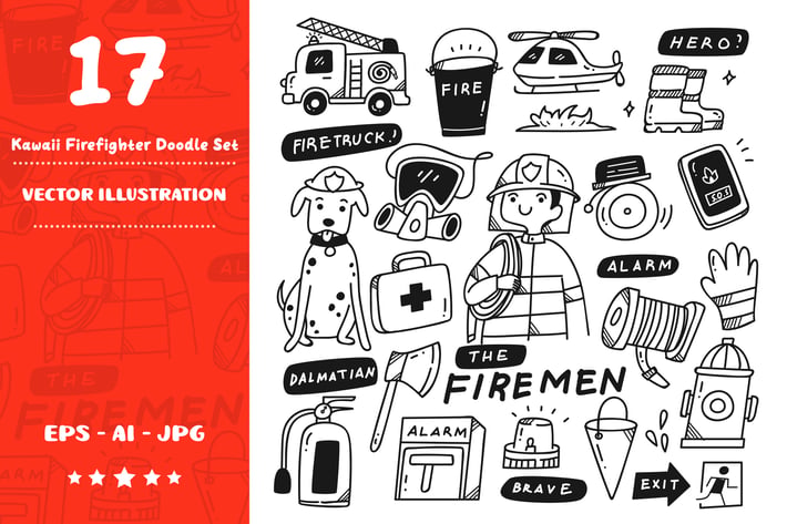 Kawaii firefighters Doodle Set