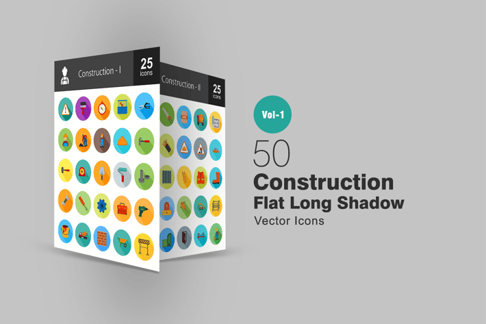 50 Construction Flat Long Shadow Icons