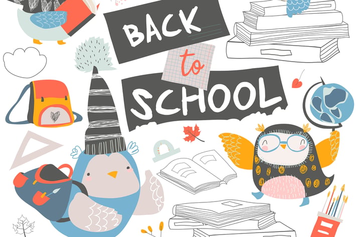 Set of cute owls with books. Back to school. 