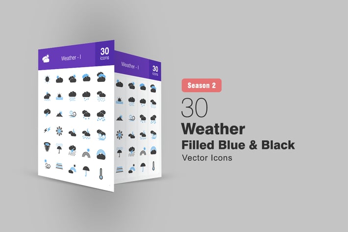 30 Weather Filled Blue & Black Icons