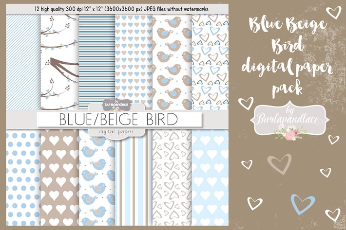 Blue beige bird digital paper pack