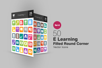 50 E Learning Filled Round Corner Icons