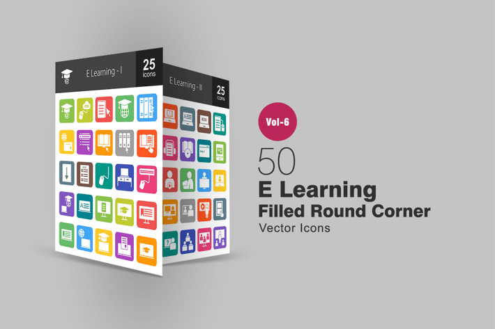 50 E Learning Filled Round Corner Icons