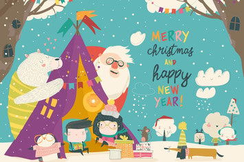 Kids celebrating Christmas with animals and Santa 