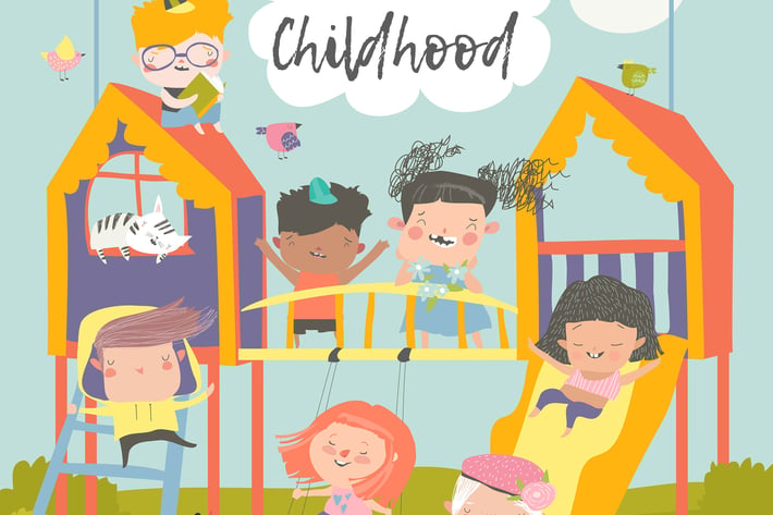 Children playing at playgroung. Vector 