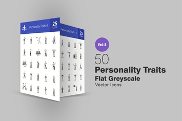 50 Personality Traits Flat Greyscale Icons