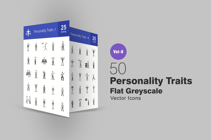 50 Personality Traits Flat Greyscale Icons