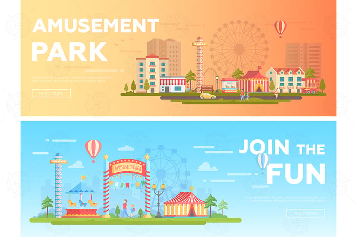 Amusement park - set of flat vector illustrations