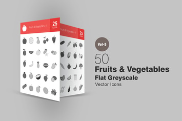 50 Fruits & Vegetables Greyscale Icons