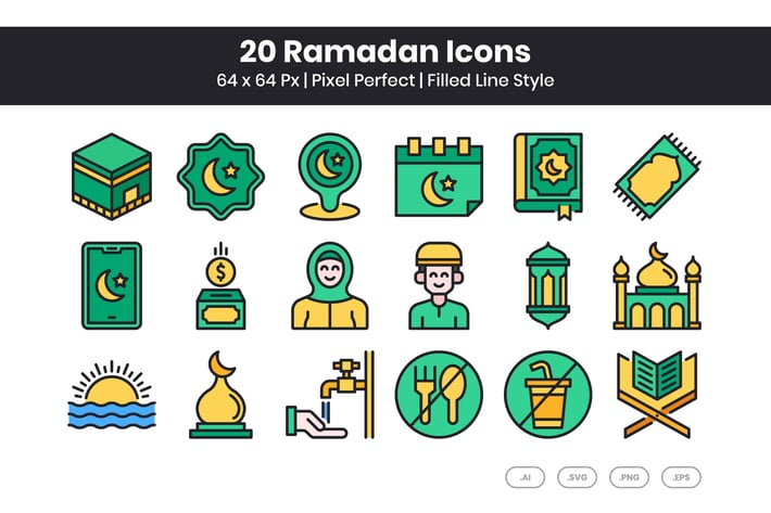20 Ramadan Icons Set - Filled Line