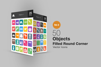 50 Objects Flat Round Corner Icons