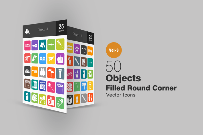 50 Objects Flat Round Corner Icons