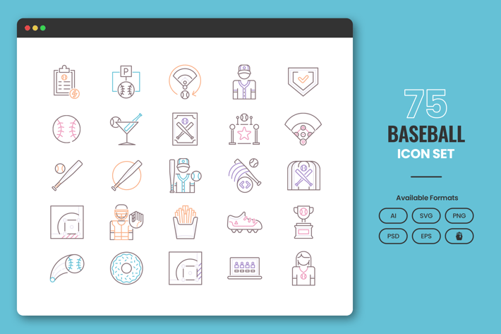 75 Baseball Line Icons
