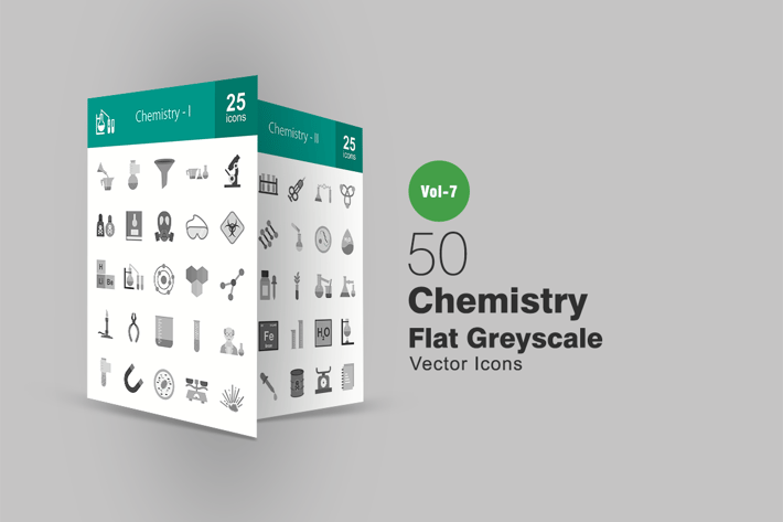 50 Chemistry Flat Greyscale Icons