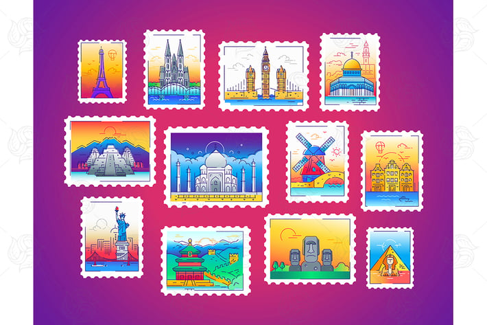 Stamps - line travel, world landmarks illustration