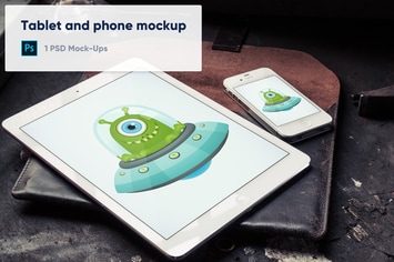 Tablet and Old Phone on Leather Case PSD Mockup