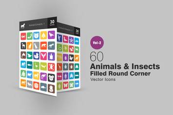 60 Animals & Insects Filled Round Corner Icons