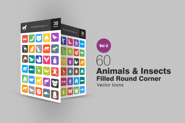 60 Animals & Insects Filled Round Corner Icons