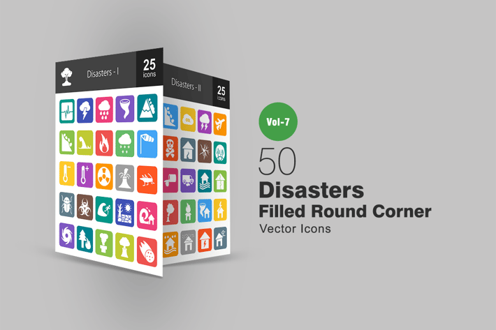 50 Disasters Filled Round Corner Icons