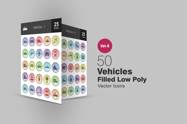 50 Vehicles Filled Low Poly Icons