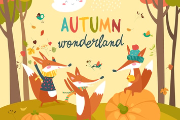 Little foxes playing with leaves in autumn forest.