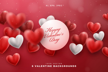 6 Valentine Hearts Vector Backgrounds