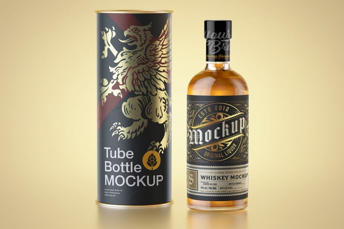 Whiskey Bottle with Paper Tube Mockup