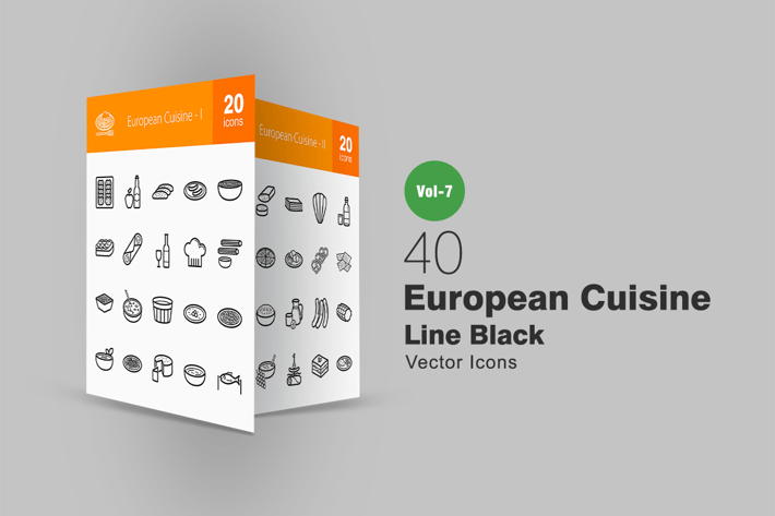 40 European Cuisine Line Icons