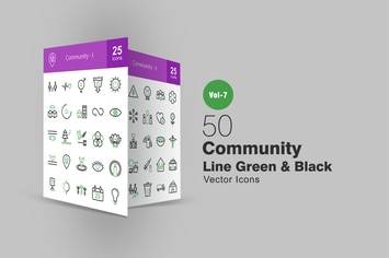 50 Community Green & Black Line Icons
