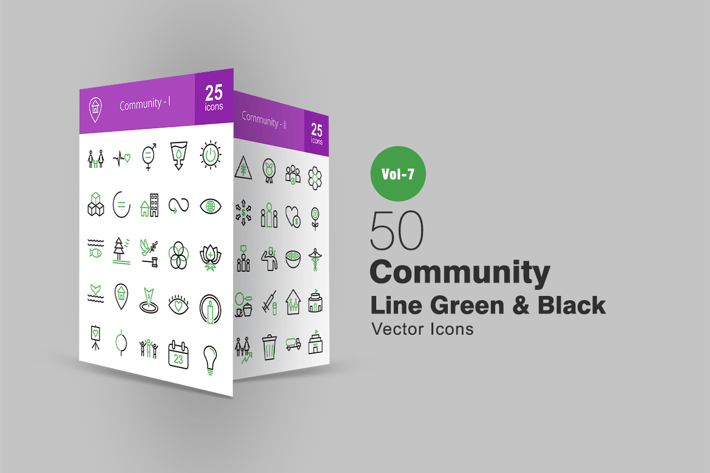 50 Community Green & Black Line Icons