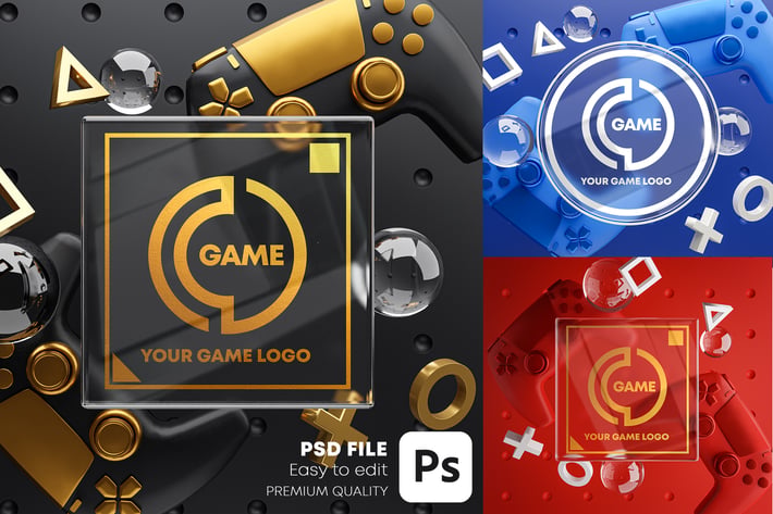 Gaming Glass Logo Mockup Gamepad Pack