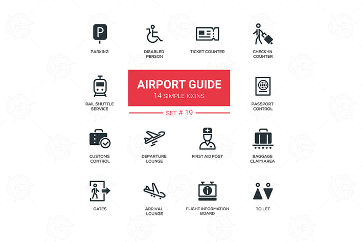 Airport guide - simple icons, pictograms set