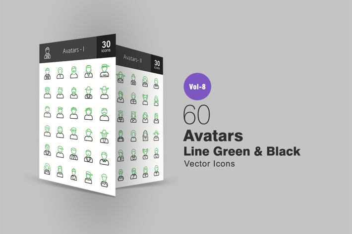60 Avatars Green & Black Line Icons