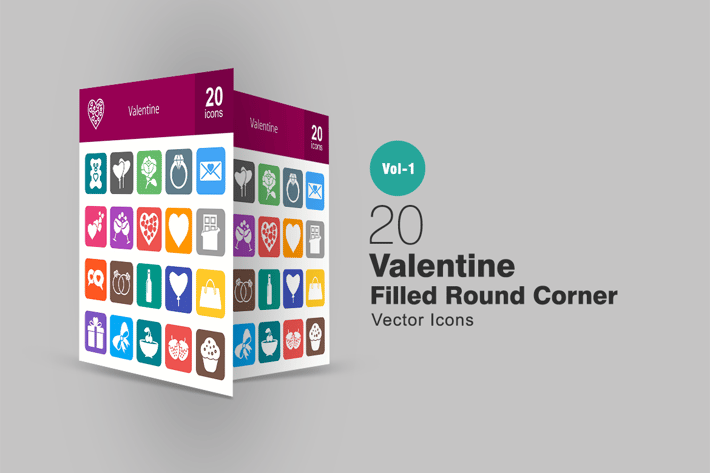 20 Valentine Filled Round Corner Icons