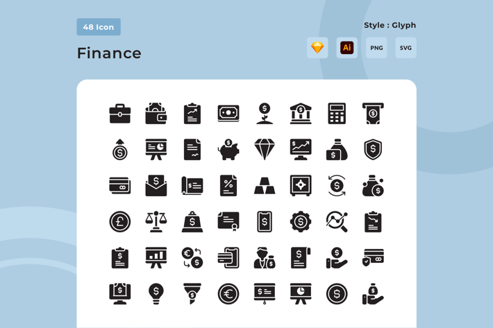 48 Finance Glyph Style Icon Pack