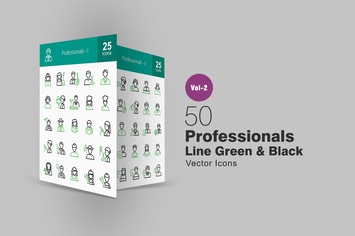 50 Professionals Line Green & Black Icons