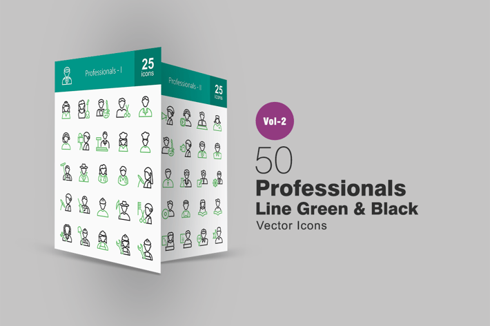 50 Professionals Line Green & Black Icons