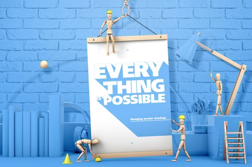 Hanging Poster With Wooden Men Mockup
