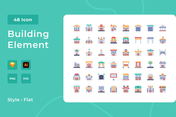 48 Building Element Flat Style Icon Pack