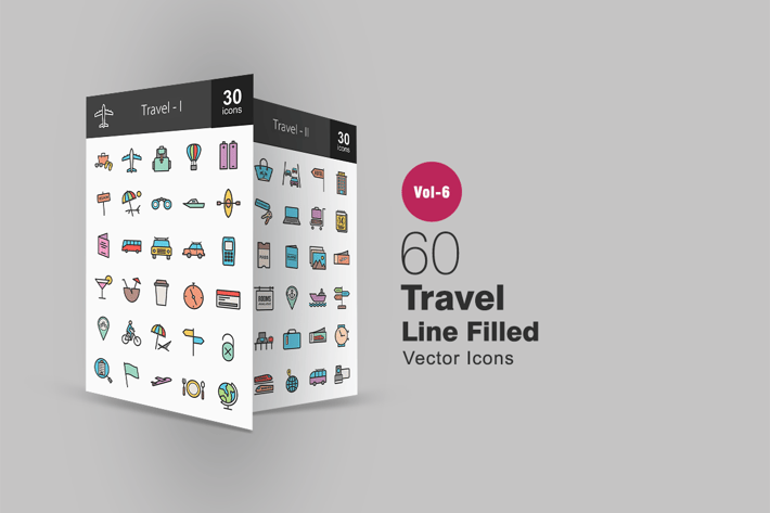 60 Travel Filled Line Icons