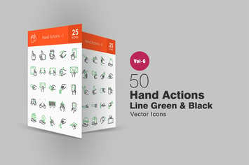 50 Hand Actions Green & Black Line Icons