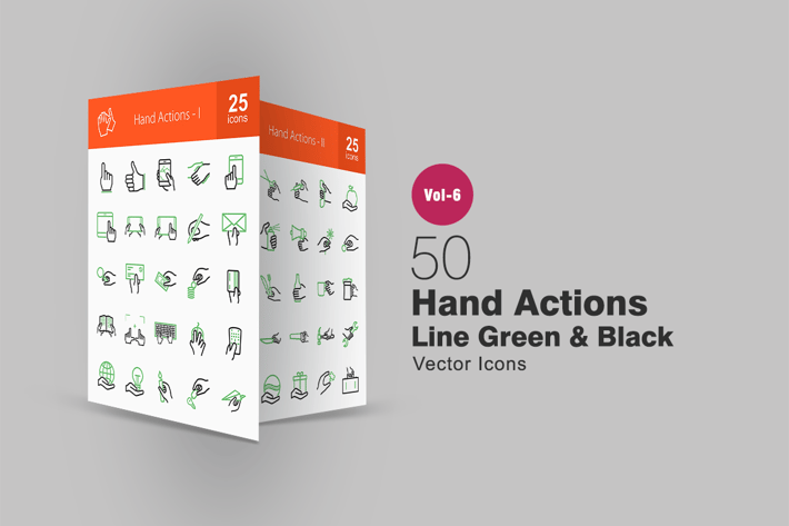 50 Hand Actions Green & Black Line Icons